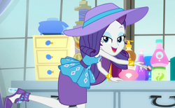 Size: 1401x862 | Tagged: safe, screencap, rarity, human, camping must-haves, equestria girls, g4, my little pony equestria girls: better together, beautiful, bracelet, clothes, cosmetics, cropped, cute, dresser, eyeshadow, female, geode of shielding, hat, high heels, jewelry, lidded eyes, looking at you, lotion, magical geodes, makeup, open mouth, pencil skirt, raribetes, rarity peplum dress, rarity's bedroom, shoes, skirt, smiling, solo, window