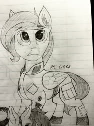 Size: 1280x1707 | Tagged: safe, artist:biergarten13, oc, oc only, pegasus, pony, fallout equestria, fallout equestria: ghosts of the past, enlisted, lined paper, side character, solo, traditional art