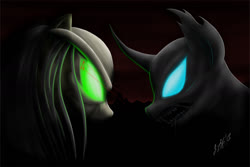 Size: 1418x946 | Tagged: safe, artist:zigword, alien, changeling, angry, facing each other, teeth