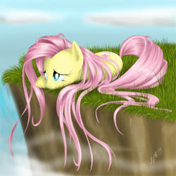 Size: 978x978 | Tagged: safe, artist:zigword, fluttershy, pegasus, pony, g4, cliff, depressed, female, looking away, mare, outdoors, prone, sad, solo, stray strand, wavy hair
