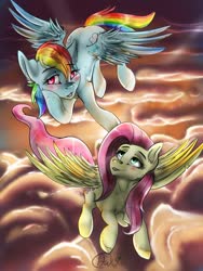 Size: 768x1024 | Tagged: safe, artist:punky-pigeon, fluttershy, rainbow dash, pegasus, pony, g4, blushing, both cutie marks, cloud, crepuscular rays, duo, female, flying, lesbian, lidded eyes, mare, ship:flutterdash, shipping, smiling, sparkles, spread wings, wings