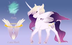 Size: 1280x800 | Tagged: safe, artist:fable-life, oc, oc only, oc:serene grace, alicorn, pony, alicorn oc, blushing, cheeks, curved horn, cutie mark, ear fluff, ethereal mane, female, floppy ears, gradient background, gradient mane, horn, long horn, looking at you, mare, one wing out, raised hoof, reference sheet, smiling, solo, starry mane, starry wings, wings