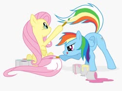 Size: 604x453 | Tagged: safe, artist:zigword, fluttershy, rainbow dash, pegasus, pony, g4, brush, duo, duo female, female, mare, paint, paintbrush, ponies drawing ponies, simple background, tongue out, white background