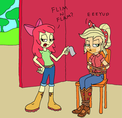 Size: 1115x1080 | Tagged: safe, artist:bugssonicx, apple bloom, applejack, human, equestria girls, equestria girls specials, g4, my little pony equestria girls: better together, my little pony equestria girls: holidays unwrapped, arm behind back, bondage, boots, bow, clothes, cowboy boots, female, gag, hand on hip, implied flim flam brothers, jeans, pants, shoes, tape, tape gag