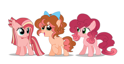 Size: 3407x1760 | Tagged: safe, artist:sky-thepony65, oc, oc only, oc:cherry pie, oc:moca shy, oc:roll cake, earth pony, pony, blank flank, bow, female, filly, foal, freckles, hair bow, offspring, parent:cheese sandwich, parent:pinkie pie, parents:cheesepie, siblings, simple background, sisters, transparent background