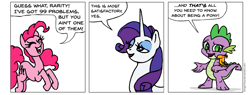 Size: 1079x411 | Tagged: safe, artist:gingerfoxy, peewee, pinkie pie, rarity, spike, dragon, earth pony, phoenix, pony, unicorn, pony comic generator, g4, baby, baby dragon, comic, dialogue, exclamation point, female, male, mare, phoenix chick