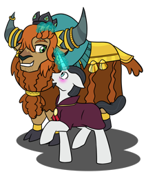Size: 1280x1506 | Tagged: safe, artist:jolliapplegirl, chancellor neighsay, prince rutherford, pony, unicorn, yak, g4, blushing, gay, interspecies, male, shipping, simple background, stallion, transparent background