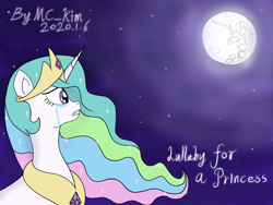 Size: 2048x1536 | Tagged: safe, artist:ricky_mckim, princess celestia, alicorn, pony, lullaby for a princess, g4, crown, crying, female, jewelry, mare in the moon, moon, moonlight, night, peytral, regalia, sad, solo, stars, teary eyes