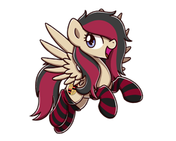 Size: 2560x2048 | Tagged: safe, artist:sugar morning, oc, oc only, oc:carrera swiftwings, oc:porsche speedwings, pegasus, pony, blue eyes, cel shading, clothes, cute, euphoric, female, flying, happy, high res, long hair, long mane, mare, open mouth, pegasus oc, rule 63, shading, simple background, socks, solo, spread wings, striped socks, tan coat, thigh highs, transparent background, wings, yay