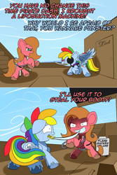 Size: 1067x1602 | Tagged: safe, artist:wadusher0, rainbow dash, oc, oc:pun, earth pony, pegasus, pony, ask pun, g4, ask, eyepatch, fat extraction, female, liposuction, mare, mouth hold, pirate dash, ship, sweat, sword, weapon