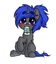 Size: 1000x1150 | Tagged: safe, artist:cottonsweets, oc, oc only, oc:dream vezpyre, oc:dream², pony, unicorn, blushing, cute, eye clipping through hair, eyebrows, eyebrows visible through hair, g-fuel, looking at you, mouth hold, ponytail, raised hoof, simple background, sitting, solo, transparent background, video game