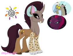 Size: 1501x1158 | Tagged: safe, artist:kittypaintyt, discord, tempest shadow, big cat, leopard, g4, cloven hooves, crack ship offspring, crack shipping, curved horn, draconequus hybrid, fangs, female, horn, interspecies offspring, offspring, parent:discord, parent:tempest shadow, parents:tempestcord, paws, ram horns, shipping, simple background, solo, transparent background, unshorn fetlocks