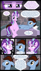 Size: 1122x1954 | Tagged: safe, artist:culu-bluebeaver, starlight glimmer, oc, oc:bluehooves, earth pony, pony, unicorn, comic:the newcomer, g4, the cutie map, aftersex, angry, bed, bedroom, bedroom eyes, canon x oc, comic, dialogue, female, floppy ears, glimmooves, lidded eyes, looking at each other, looking away, male, mare, pillow, s5 starlight, smiling, speech bubble, stallion, straight, thought bubble, upset