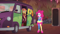 Size: 1920x1080 | Tagged: safe, screencap, pinkie pie, sunset shimmer, equestria girls, equestria girls specials, g4, my little pony equestria girls: better together, my little pony equestria girls: sunset's backstage pass, female, geode of empathy, geode of sugar bombs, magical geodes, music festival outfit, shoes, sneakers, van