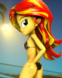 Size: 853x1080 | Tagged: safe, artist:kyloren2000, sunset shimmer, equestria girls, g4, 3d, beach, bikini, bikini bottom, bikini top, clothes, female, hand on hip, looking at you, looking back, looking back at you, solo, source filmmaker, sun, swimsuit