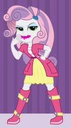 Size: 1000x1800 | Tagged: safe, artist:mashoart, sweetie belle, equestria girls, g4, alternate hairstyle, boots, clothes, cutie mark hair accessory, eyeshadow, female, green eyes, hairpin, hairstyle swap, implied rarity, jewelry, lipstick, makeup, shoes, smeared lipstick, solo