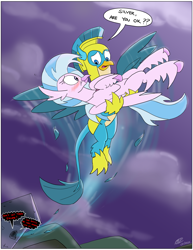 Size: 2550x3300 | Tagged: safe, artist:loreto-arts, gallus, silverstream, griffon, hippogriff, g4, the last problem, armor, blushing, bridal carry, carrying, commission, duo, female, guard, high res, male, night, rescue, royal guard, royal guard gallus, scrunchy face, ship:gallstream, shipping, straight, tower