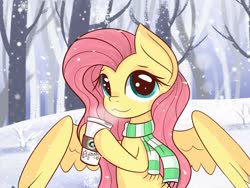 Size: 1600x1200 | Tagged: safe, artist:janelearts, fluttershy, pegasus, pony, g4, :3, clothes, coffee, cute, female, looking at you, scarf, shyabetes, snow, snowfall, snowflake, solo, tree, winter