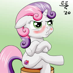 Size: 2000x2000 | Tagged: safe, artist:tomtornados, sweetie belle, pony, unicorn, g4, angry, blushing, female, filly, grumpy, grumpy belle, high res, pouting, solo, stool, upset