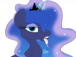 Size: 1600x1200 | Tagged: safe, artist:janelearts, princess luna, alicorn, pony, g4, candy, drool, female, food, levitation, lollipop, magic, open mouth, simple background, telekinesis, tongue out, white background
