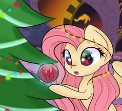 Size: 1318x1200 | Tagged: safe, artist:janelearts, fluttershy, pegasus, pony, g4, bauble, big eyes, christmas, christmas lights, christmas ornament, christmas tree, cute, decoration, female, holiday, open mouth, shyabetes, solo, sparkly eyes, tree