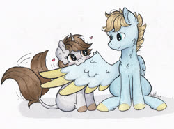 Size: 2416x1792 | Tagged: safe, artist:lightisanasshole, oc, oc:dorm pony, oc:wild waterfall, pegasus, pony, unicorn, :3, blonde hair, blonde mane, blue eyes, brown mane, chest fluff, closed mouth, colored hooves, colored wings, curved horn, duo, ear fluff, feathered wings, female, grooming, heart, heart eyes, hoof fluff, horn, love, mare, messy mane, nom, pair, pegasus oc, pegasus wings, photo, preening, shadow, shipping, sitting, spread wings, wiggle, wing fluff, wingding eyes, wings
