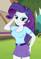 Size: 650x930 | Tagged: safe, edit, edited screencap, editor:ah96, screencap, rarity, equestria girls, g4, my little pony equestria girls: legend of everfree, belt, breast edit, breasts, busty rarity, cleavage, clothes, cropped, female, hand on hip, like what you see?, looking at you, miniskirt, outdoors, shirt, skirt, solo