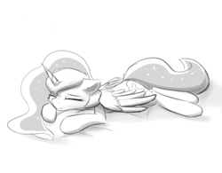 Size: 550x428 | Tagged: safe, artist:d.w.h.cn, princess luna, alicorn, pony, g4, cute, ethereal mane, eyes closed, female, lunabetes, mare, monochrome, prone, simple background, sleeping, solo, starry mane, wings