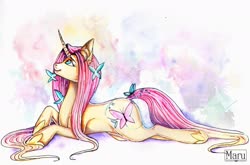 Size: 2099x1387 | Tagged: safe, artist:maru (unknown), fluttershy, pony, unicorn, g4, female, fluttershy (g5 concept leak), g5 concept leak style, g5 concept leaks, long mane, looking up, lying, mare, prone, redesign, solo, unicorn fluttershy