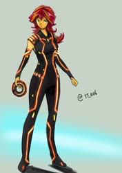 Size: 2893x4092 | Tagged: safe, artist:oberon826, sunset shimmer, equestria girls, g4, crossover, disc, female, high res, identity disk, looking at you, solo, suspended, tron