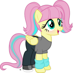 Size: 1653x1637 | Tagged: safe, artist:anime-equestria, fluttershy, pegasus, pony, g4, 80s, alternate hairstyle, blushing, clothes, cute, female, glowing mane, happy, leg warmers, open mouth, pigtails, shirt, shoes, shyabetes, simple background, sneakers, solo, transparent background, vector, wings