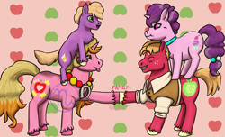 Size: 2300x1400 | Tagged: safe, artist:azurllinate, big macintosh, little mac, sugar belle, oc, oc:apple eclair, earth pony, pony, unicorn, g4, the last problem, accessory, chubby, clothes, cloven hooves, eyes closed, family, female, freckles, futurehooves, green eyes, hoofbump, horseshoes, jewelry, long mane, long tail, looking at each other, lying on head, male, necklace, next gen:futurehooves, next generation, offspring, older, older big macintosh, older sugar belle, parent:big macintosh, parent:sugar belle, parents:sugarmac, purple eyes, ship:sugarmac, shipping, siblings, standing on back, straight, strong, sweet muffin, text, tongue out, two toned mane, two toned tail, vest, wrinkles