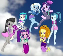 Size: 1024x910 | Tagged: safe, artist:grapefruitface1, artist:yaya54320bases, adagio dazzle, aria blaze, dj pon-3, octavia melody, sonata dusk, starlight glimmer, trixie, vinyl scratch, equestria girls, g4, barefoot, base used, blushing, feet, freeze frame, jumping, legs, show accurate, sky, soles, the dazzlings