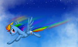 Size: 750x451 | Tagged: safe, artist:centauristars, artist:sanraia, rainbow dash, pegasus, pony, g4, cloud, female, flying, mare, sky, speed trail, spread wings, wings