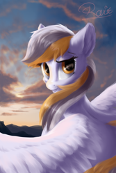 Size: 1200x1800 | Tagged: safe, artist:ravistdash, derpibooru exclusive, oc, oc only, pegasus, pony, cloud, ear fluff, fluffy, looking at you, looking back, looking back at you, solo, sunset