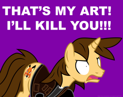Size: 3794x2987 | Tagged: safe, artist:ejlightning007arts, oc, oc only, oc:ej, pony, unicorn, angry, clothes, crossover, frown, furious, futurama, high res, horn, male, meme, open mouth, purple background, simple background, solo, stallion, talking, text, unicorn oc, war is the h-word
