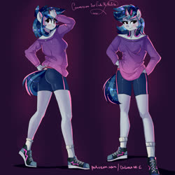 Size: 4000x4000 | Tagged: safe, artist:xjenn9, dj pon-3, vinyl scratch, anthro, plantigrade anthro, g4, ass, beautiful, butt, clothes, commission, commissioner:endbringer99, compression shorts, female, hand on hip, headphones, legs, purple background, reference sheet, sexy, shoes, shorts, simple background, smiling, smirk, sneakers, socks, solo, sunglasses, tail, tomboy