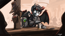 Size: 3188x1800 | Tagged: safe, artist:kam, bat pony, pony, fallout equestria, clothes, commission, laser rifle, male, solo