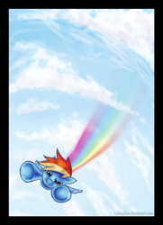 Size: 653x900 | Tagged: safe, artist:lykkepillen, rainbow dash, pegasus, pony, g4, fast, female, flying, mare, rainbow trail, sky, speed trail, wings