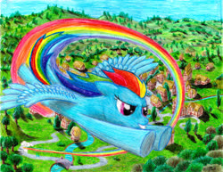 Size: 2787x2151 | Tagged: safe, artist:shaunathanbleach, rainbow dash, pegasus, pony, g4, fast, female, flying, high res, house, mare, ponyville, rainbow trail, river, sky, speed trail, town, tree, wings