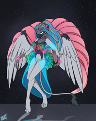 Size: 4677x5894 | Tagged: safe, artist:tyna, oc, oc only, oc:rio azura, griffon, anthro, belly button, carnival, clothes, commission, commission open, costume, midriff, solo, ych result