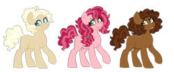 Size: 1024x427 | Tagged: safe, artist:azure-art-wave, oc, oc only, oc:chocolate cake, oc:strawberry tart, oc:vanilla cream, earth pony, pony, female, mare, offspring, parent:cheese sandwich, parent:pinkie pie, parents:cheesepie, siblings, simple background, sisters, transparent background