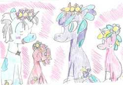 Size: 1481x1026 | Tagged: safe, artist:ptitemouette, oc, oc only, oc:maestro doremi, oc:pomme rouge, oc:rose quartz, oc:violet soprano, brother and sister, coat markings, female, flower, grandfather and grandchild, male, mother and child, mother and daughter, mother and son, offspring, offspring's offspring, parent:frederic horseshoepin, parent:neon lights, parent:oc:maestro doremi, parent:oc:pink lady, parent:oc:sunny jewel, parent:oc:violet soprano, parents:fredlights, parents:oc x oc, siblings, traditional art