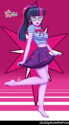Size: 569x1024 | Tagged: safe, alternate version, artist:clouddg, edit, editor:thomasfan45, sci-twi, twilight sparkle, equestria girls, equestria girls series, barefoot, belly button, breasts, busty sci-twi, clothes, cute, feet, female, geode of telekinesis, glasses, happy, legs, looking at you, magical geodes, midriff, miniskirt, open mouth, ponytail, raised leg, sexy, signature, skirt, skirt lift, skirt pull, solo, twiabetes