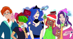 Size: 3300x1799 | Tagged: safe, alternate version, artist:emberfan11, artist:icicle-niceicle-1517, color edit, edit, princess luna, scootaloo, songbird serenade, starlight glimmer, sunburst, sunset shimmer, human, g4, my little pony: the movie, alternative cutie mark placement, beanie, beard, belt, bow, bowtie, box, christmas, clothes, collaboration, colored, crown, cutie mark tattoo, dark skin, dress, ear piercing, earring, facial hair, female, glasses, hair bow, hat, heart, holiday, humanized, jewelry, letter, lipstick, looking at you, magic, male, open mouth, piercing, present, regalia, robe, santa hat, shirt, shoulder cutie mark, simple background, skirt, sweater, tattoo, transparent background, wall of tags