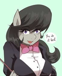 Size: 1748x2122 | Tagged: safe, artist:traupa, octavia melody, earth pony, anthro, g4, bowtie, breasts, bust, busty octavia melody, dialogue, female, looking at you, solo, speech bubble, talking to viewer