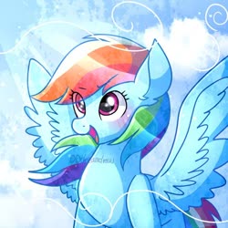 Size: 600x600 | Tagged: safe, artist:dddreamdraw, rainbow dash, pegasus, pony, g4, blushing, cute, dashabetes, excited, female, happy, mare, solo, spread wings, windswept mane, wings