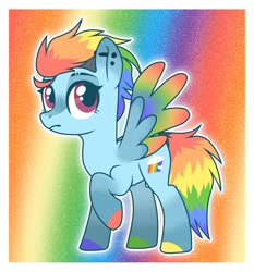 Size: 1280x1375 | Tagged: safe, artist:cupidity4200, rainbow dash, pegasus, pony, g4, alternate design, colored hooves, colored wings, female, hooves, mare, multicolored wings, rainbow wings, raised hoof, redesign, wings