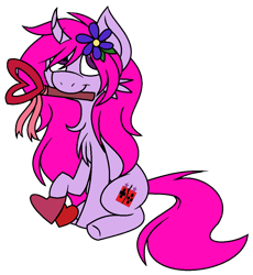 Size: 972x1056 | Tagged: safe, artist:cosmic-wonders, oc, oc only, oc:gaming star, pony, unicorn, female, heart, mare, mouth hold, simple background, solo, transparent background