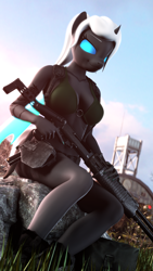 Size: 1080x1920 | Tagged: safe, artist:jacob_lhh3, oc, oc only, oc:dragonfly, changeling, anthro, plantigrade anthro, 3d, bra, breasts, changeling oc, clothes, female, glowing eyes, guard tower, gun, handgun, hangar, holster, looking at you, military, outdoors, pistol, ponytail, reasonably shaped breasts, reasonably sized breasts, shotgun, sitting, smiling, smirk, solo, source filmmaker, spas-12, tattoo, trigger discipline, underwear, wings